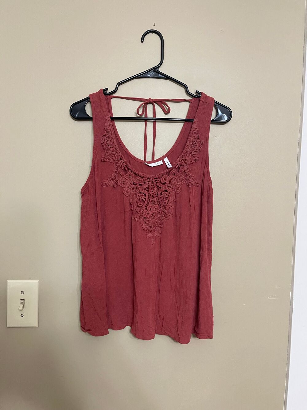 LUQ Orange Eyelet Floral Lace Fall Tank Top Tie Back Large